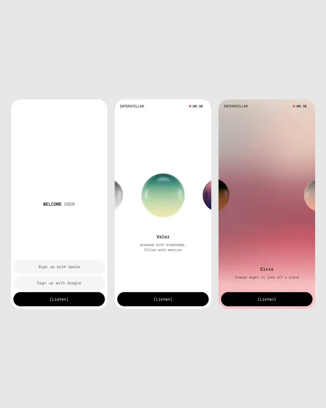 Audio app onboarding with gradient character portraits, minimal, gradient-heavy, light