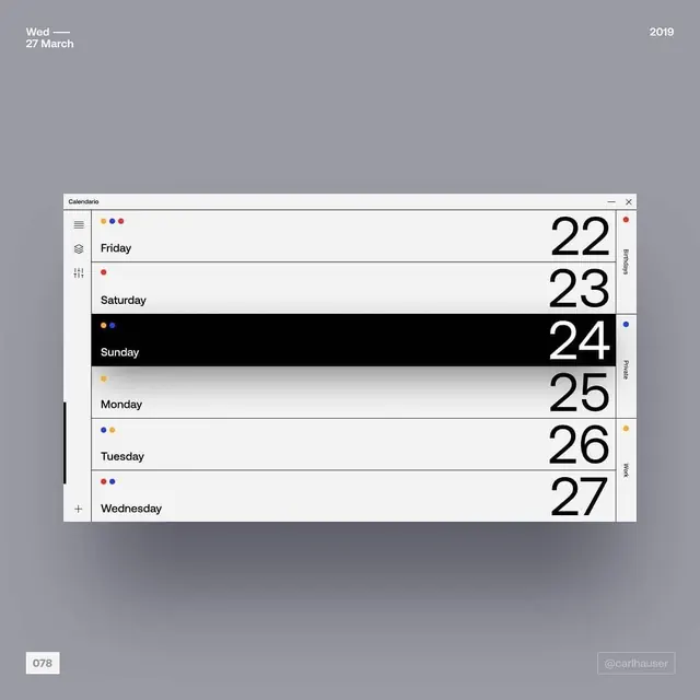 Week view calendar with event dots, minimal, flat, light