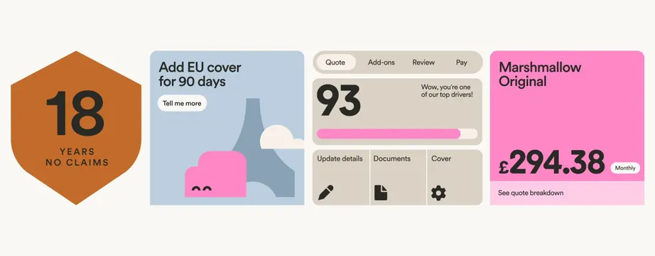 Insurance quote interface with color-blocked panels, flat, minimal, warm