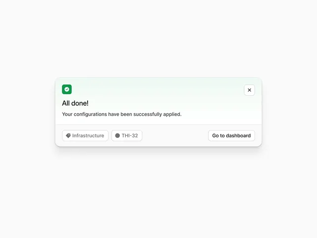 Success confirmation modal with action buttons, minimal, light-mode, light