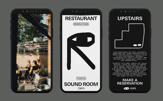 Restaurant app with function-specific screens, minimal, technical, dark