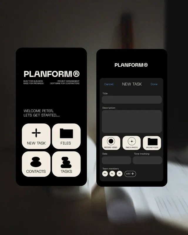 Planform project management mobile screens, dark-mode, minimal, dark