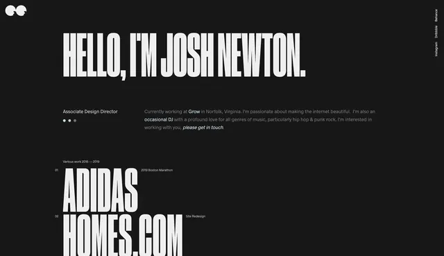 Portfolio landing page with bold typography, minimal, bold, dark