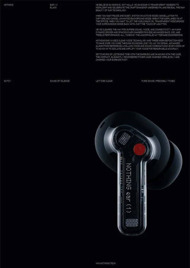Premium earbuds product page design, minimal, technical, dark