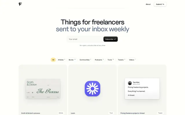 Newsletter signup page with category tabs, minimal, light