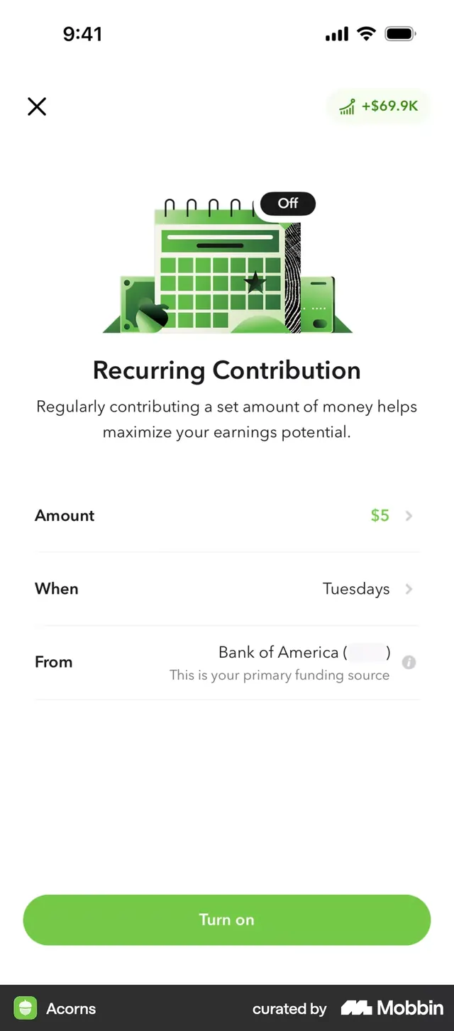 Fintech recurring contribution mobile form, minimal, flat, light