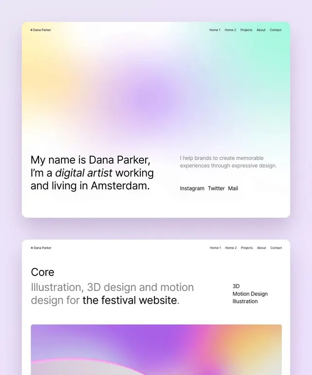Portfolio site gradient background hero, minimal, gradient-heavy, light