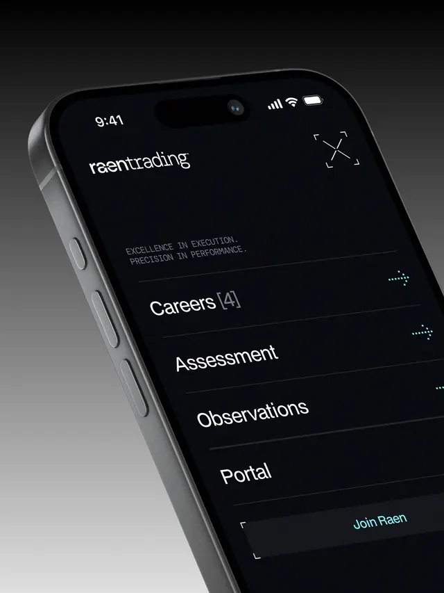 Raen trading platform dark mobile UI, dark-mode, minimal, dark