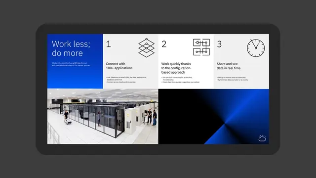 IBM App Connect benefits layout with data-center photo, minimal, corporate-clean, light