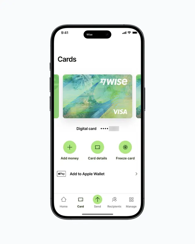 Wise digital card management UI, minimal, light-mode, light