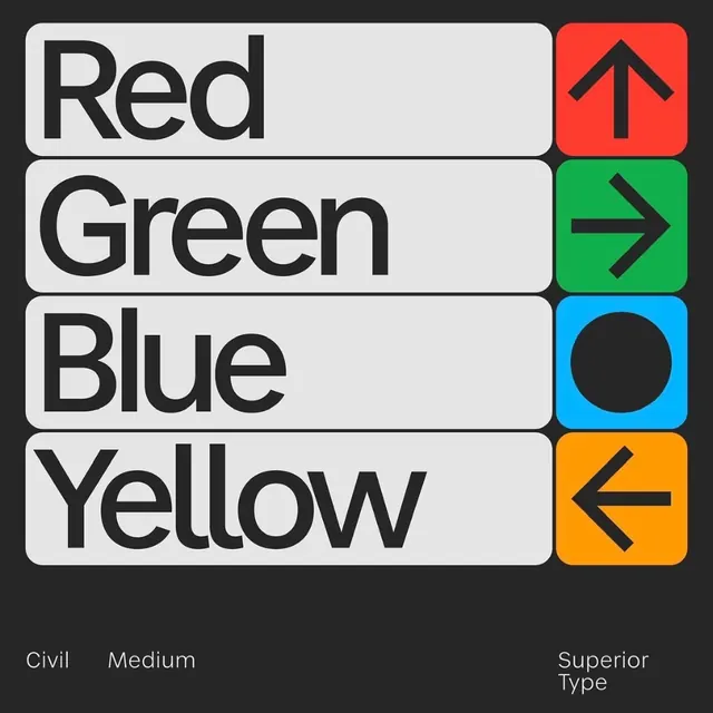 Color reference card with directional icons, minimal, flat, dark