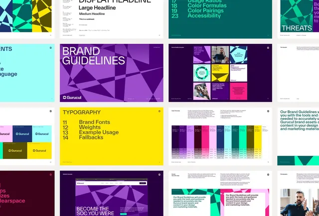 Brand guidelines and typography system specimen, geometric, corporate-clean, vibrant