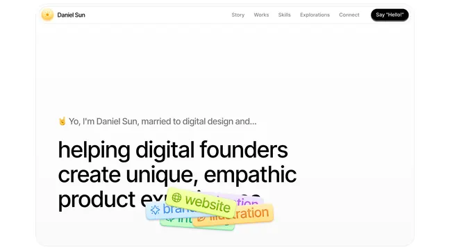 Designer portfolio hero with colorful tag accents, minimal, playful, light