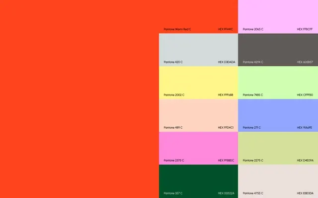 Pantone color palette grid with hex codes, minimal, flat, cool