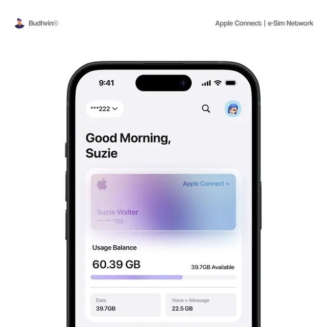 Budhwan Apple Connect mobile app interface, minimal, corporate-clean, light