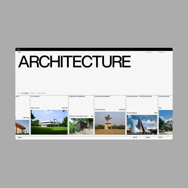 Architecture portfolio grid with project thumbnails, minimal, editorial, light
