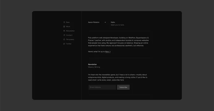 Aaron Rolston portfolio landing, minimal, dark-mode, dark