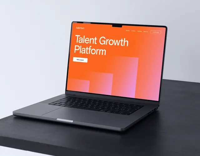 HR platform hero with orange-pink gradient laptop mockup, minimal, corporate-clean, warm