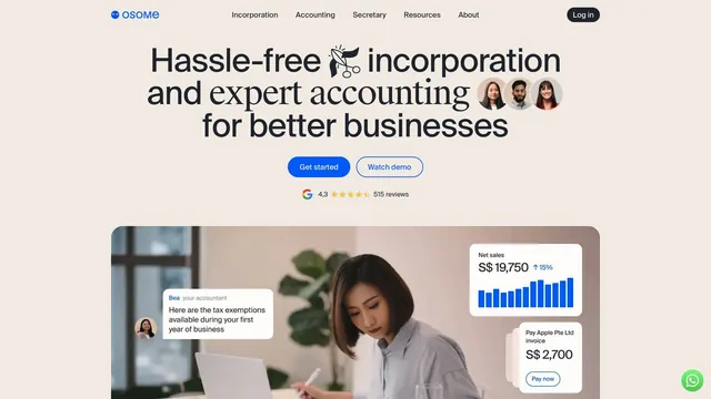Osome accounting SaaS hero with investor reviews and data cards, minimal, corporate-clean, light