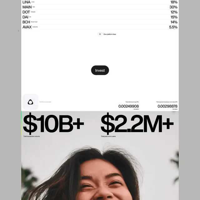 Fintech portfolio dashboard with token allocation, minimal, data-dense, light
