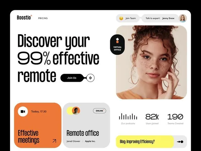 Remote work SaaS hero with bold sans-serif and feature cards, minimal, corporate-clean, light