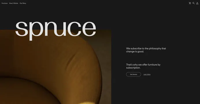 Spruce furniture brand homepage hero section, minimal, corporate-clean, dark