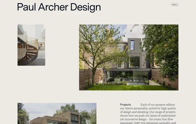 Architecture portfolio website hero, minimal, corporate-clean, light