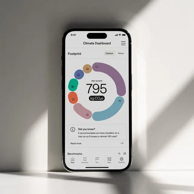 Doconomy Climate Dashboard mobile UI, minimal, corporate-clean, light