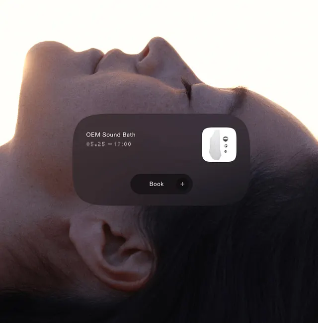 UI card for sound bath event booking with device mockup, dark-mode, minimal, dark