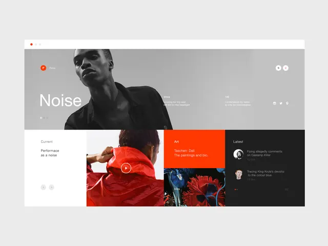 Noise artist portfolio web UI, dark-mode, minimalist, dark