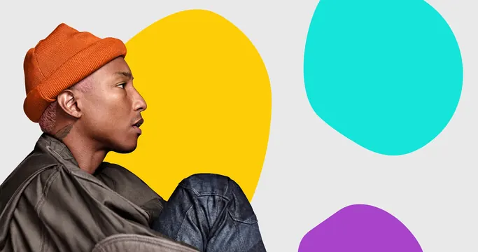 Pharrell Williams website hero portrait, playful, bold, vibrant