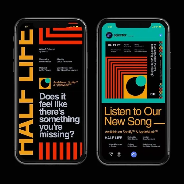 Half Life music app UI mockup, bold, geometric, vibrant