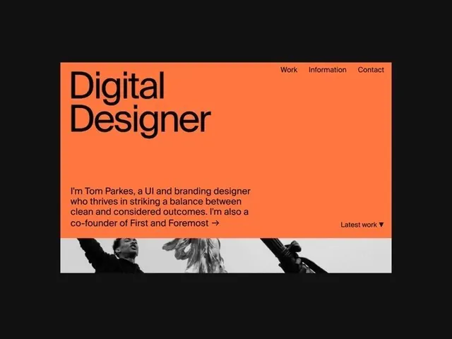 Designer portfolio hero with burnt-orange block and navigation, minimal, corporate-clean, dark