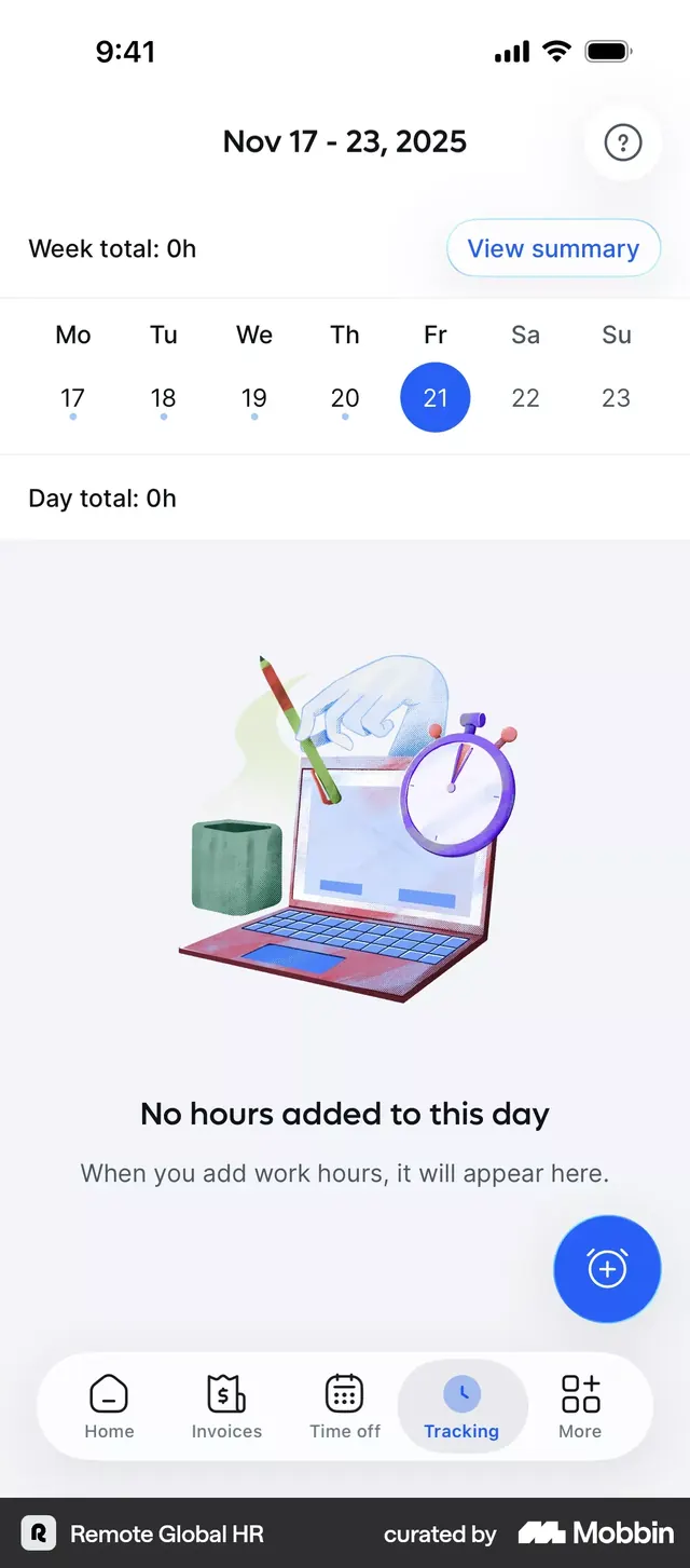 Time tracking app with week calendar and empty state, minimal, corporate-clean, light