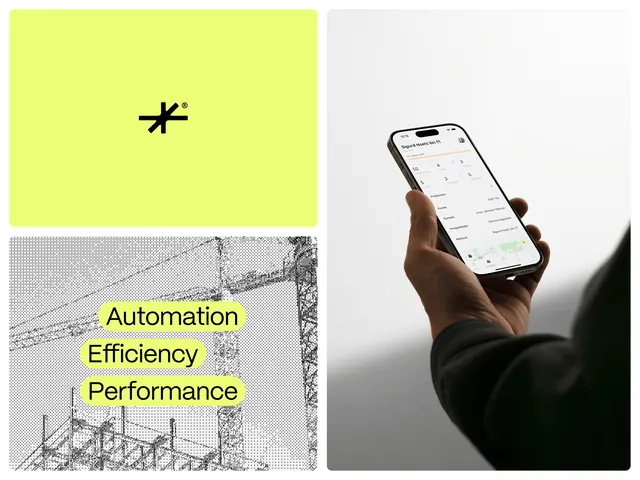 Three-panel SaaS UI composition with lime accent, minimal, corporate-clean, dark