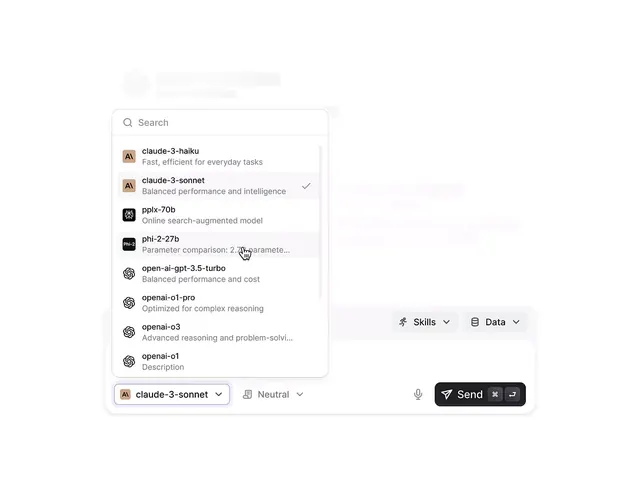 AI model selection dropdown interface, minimal, flat, light
