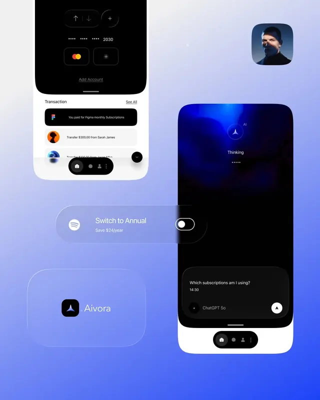 Mobile fintech dashboard with AI assistant, dual-screen layout, minimal, dark-mode, light