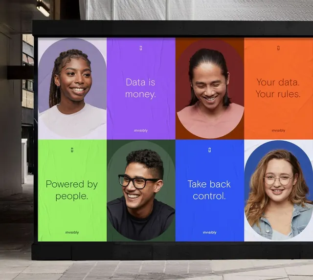 Data privacy product grid with diverse faces, minimal, dark
