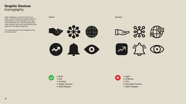Graphic Devices iconography do/dont comparison, minimal, flat, light