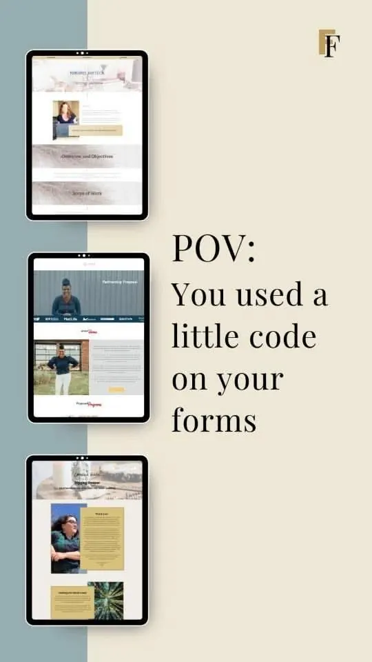iPad proposal form mockups with social-media POV caption overlay, minimal, photographic, muted
