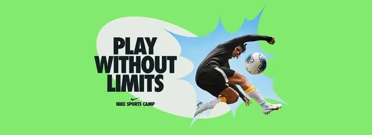 Sports camp hero with bold claim and action photography, flat, photographic, vibrant