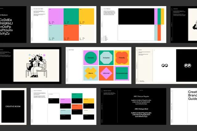 Brand guideline pages with color-blocking system, corporate-clean, geometric, vibrant