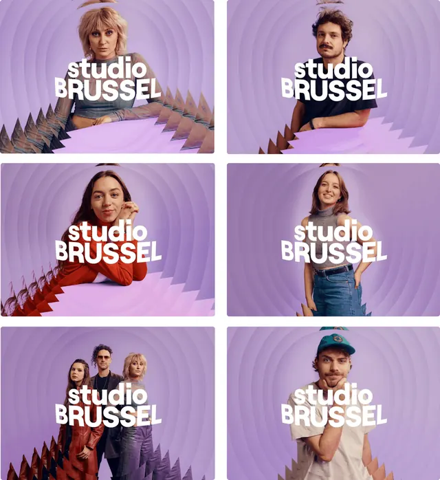 Studio Brussel team grid with concentric background, playful, gradient-heavy, vibrant