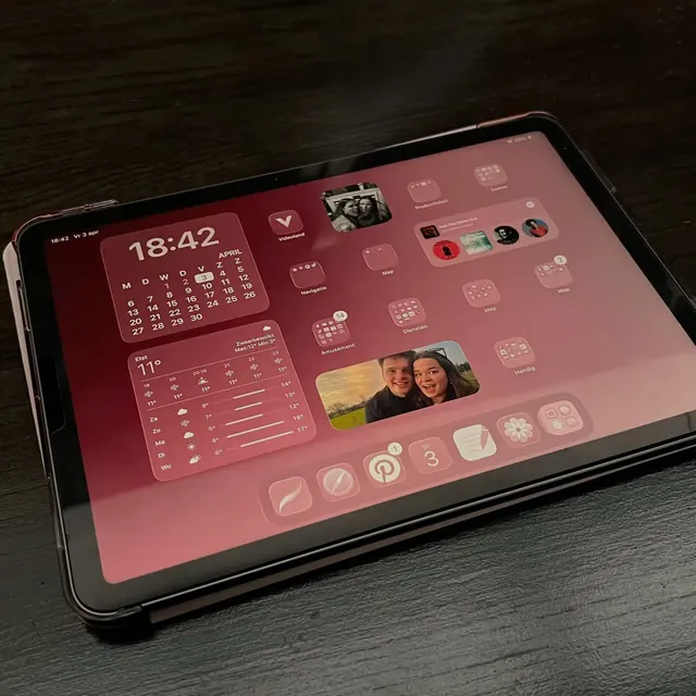 Warm magenta dark tablet dashboard with grid cards, minimal, dark-mode, dark