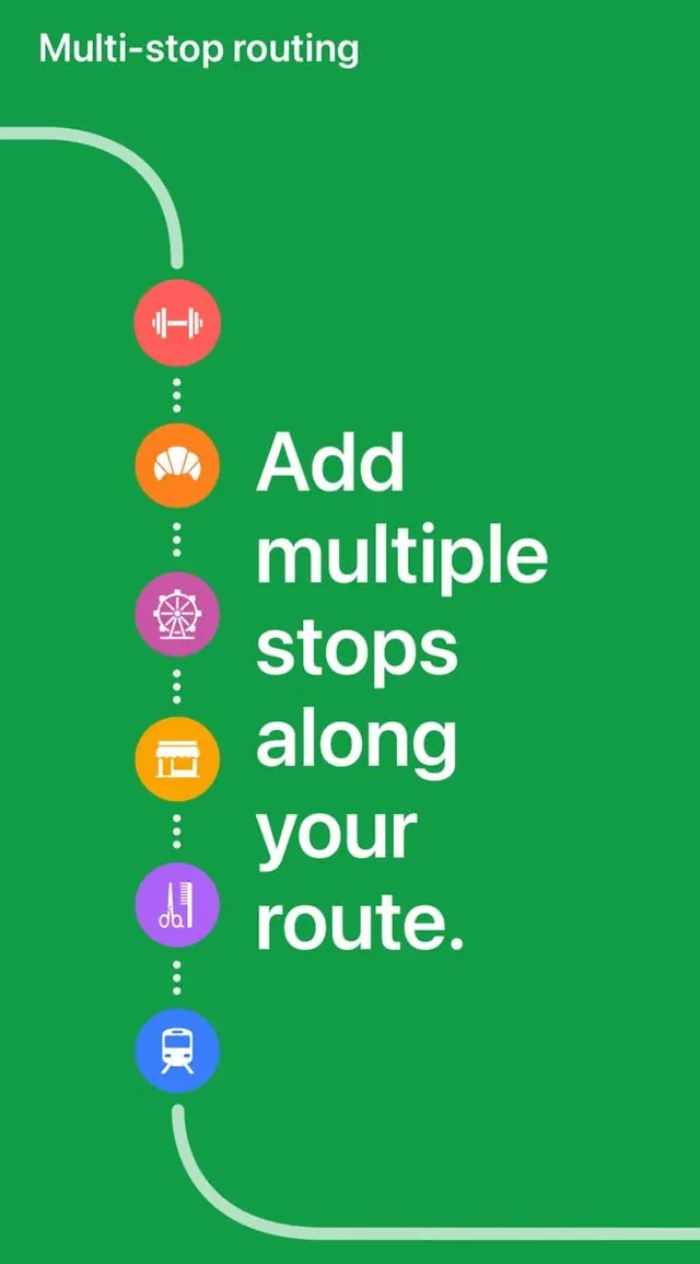 Vertical route-point system with rainbow icon rings, flat, minimal, vibrant