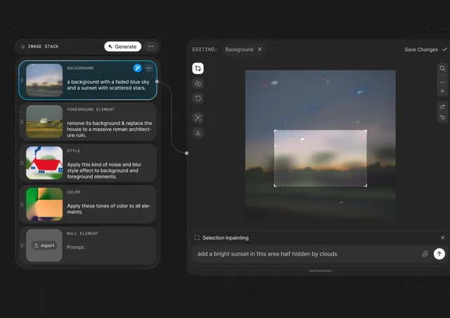 Dark image editor with stacked instruction cards, dark-mode, minimal, dark