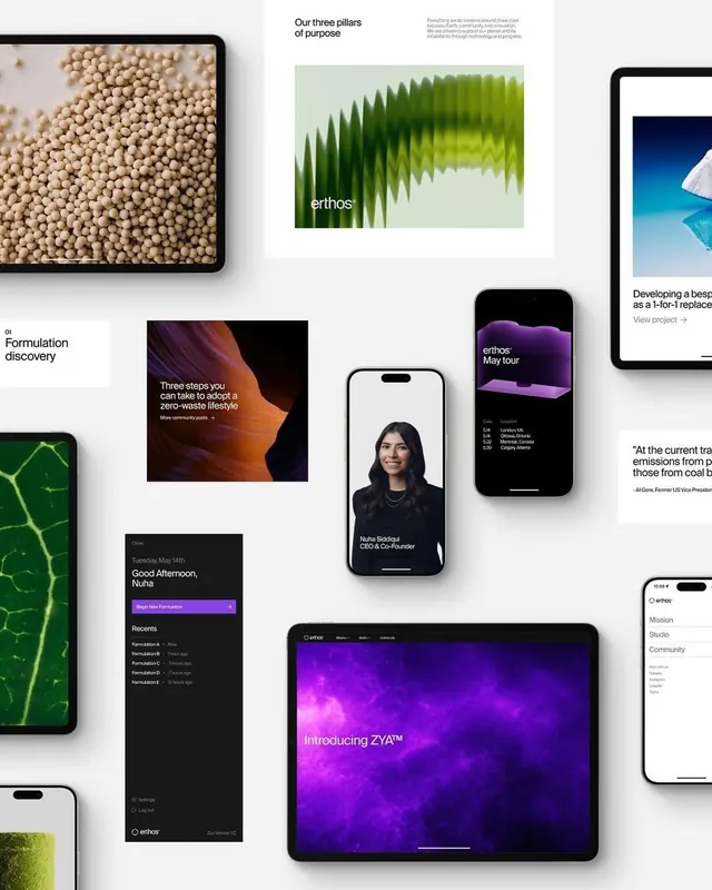 Device mockup grid with vibrant UI samples, minimal, flat, light