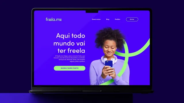 Freelancer platform hero with neon gradient and curved accent, gradient-heavy, dark-mode, dark