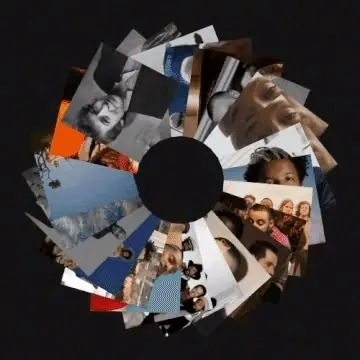 Circular photo carousel with radial tile grid, photographic, geometric, vibrant