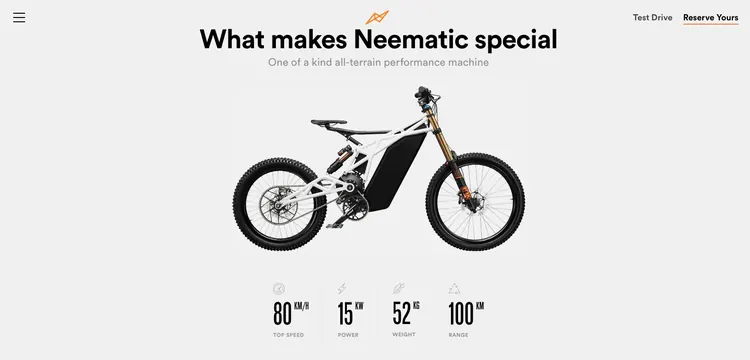 Electric motorcycle product page layout, minimal, photographic, light